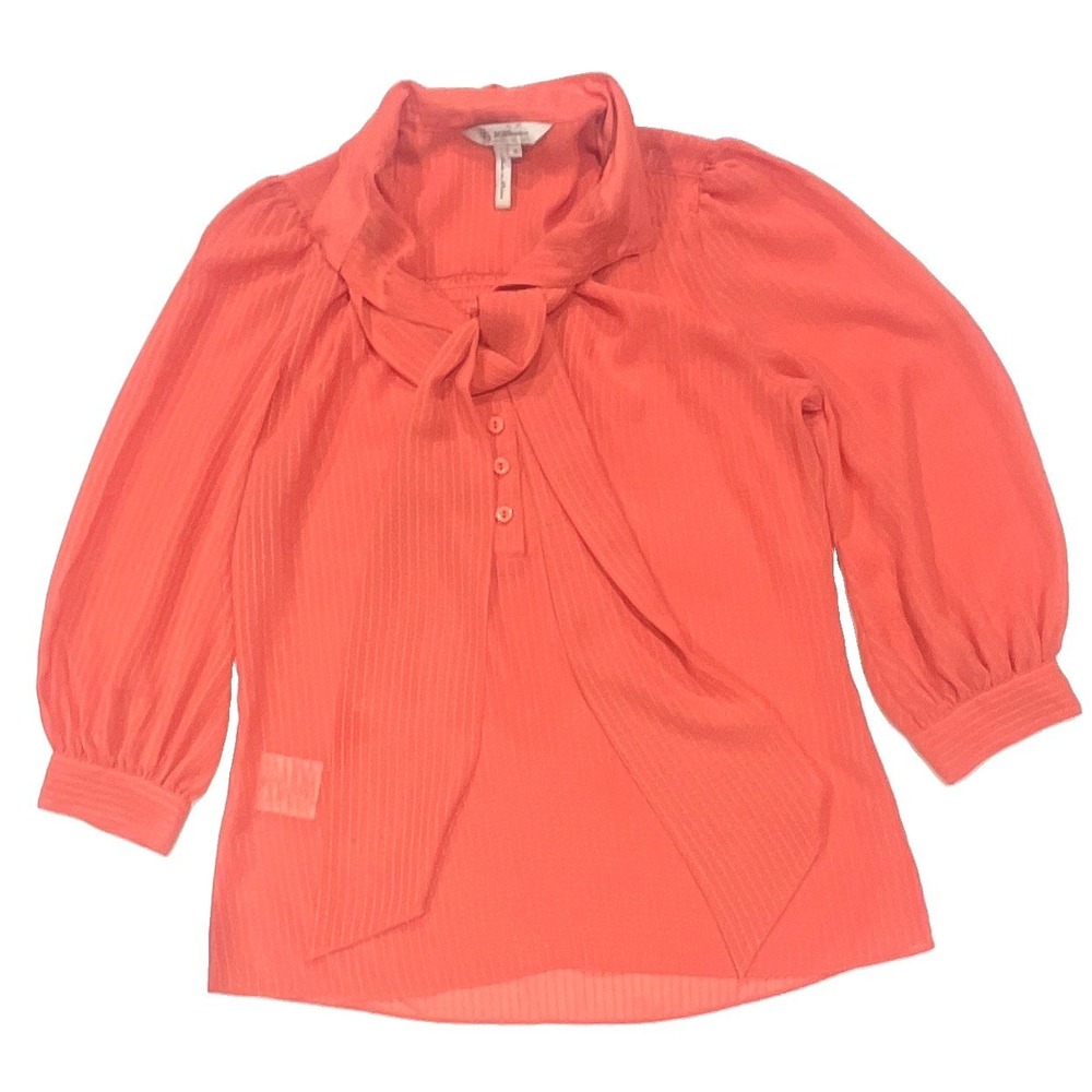 BCBGeneration Coral Pink Tie Neck Blouse 3/4 Puff Sleeve Textured Top XS